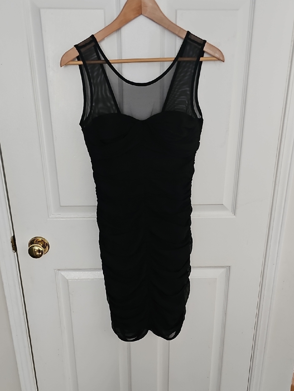 Club Monaco Black Mesh-Top Ruched Silk Dress